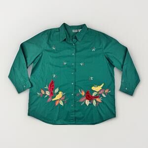 Bobbie Brooks Woman Embroidered Cardinals Button Up Shirt 18W/20W Green Birds